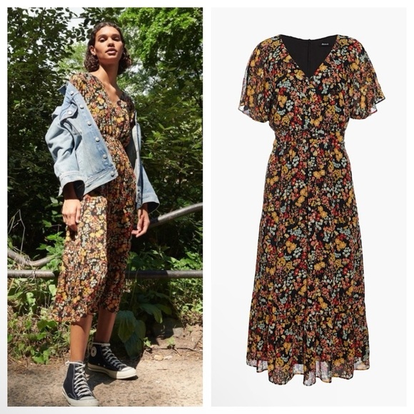 Madewell Dresses & Skirts - Madewell Dolman Sleeve Ruffle Hem Midi Dress Flower Garden Multicolor 10 Large